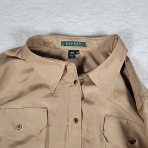 Lauren Ralph Lauren Silk Button Down Womens Size 18W Tan Roll Tab Sleeve Shirt